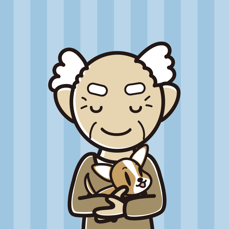 犬を抱いてお辞儀するおじいさんのイラスト【色、背景あり】PNG