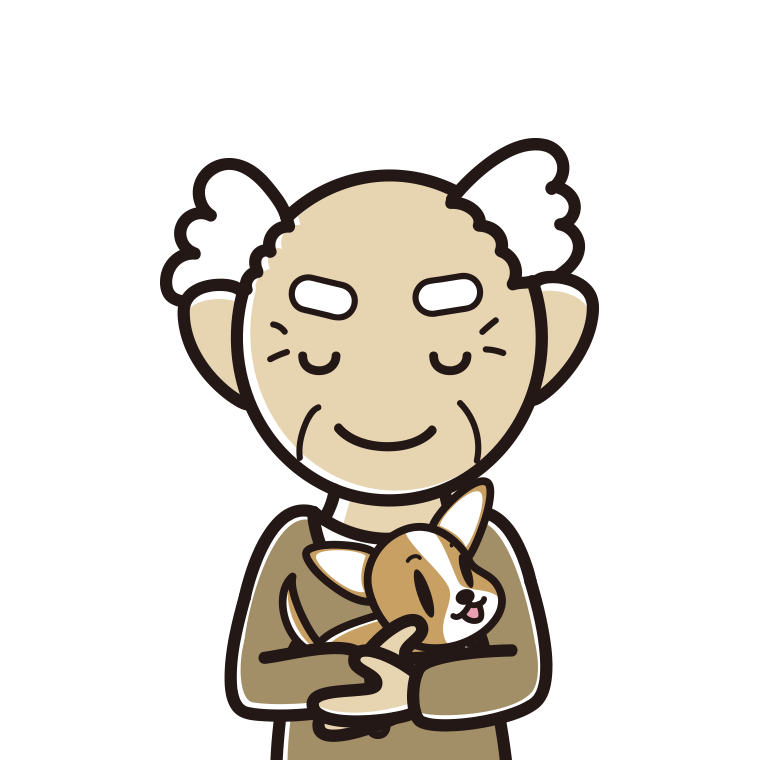 犬を抱いてお辞儀するおじいさんのイラスト【色あり、背景なし】透過PNG