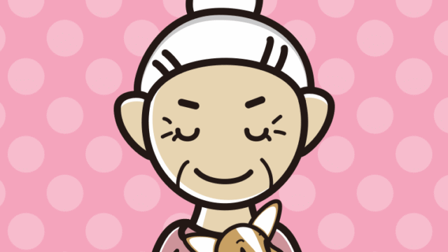 犬を抱いてお辞儀するおばあさんのイラスト【色、背景あり】PNG