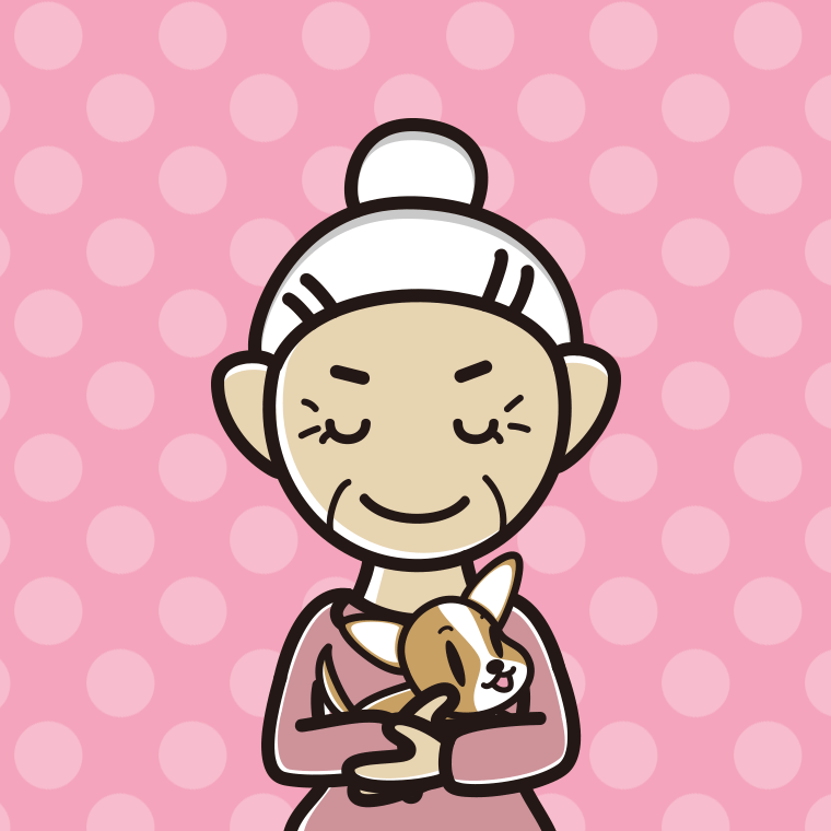 犬を抱いてお辞儀するおばあさんのイラスト【色、背景あり】PNG