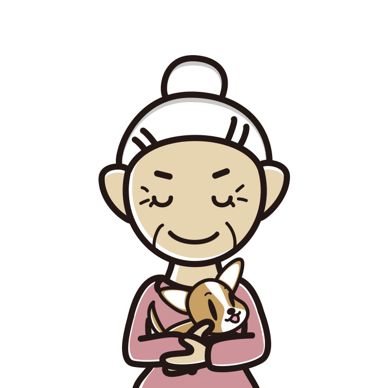 犬を抱いてお辞儀するおばあさんのイラスト【色あり、背景なし】透過PNG