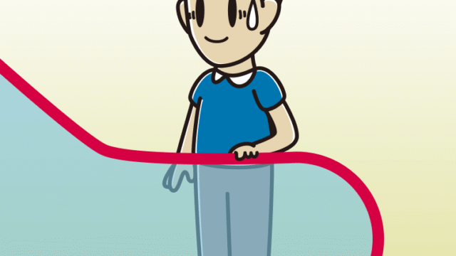 エスカレーターで苦笑いする男性のイラスト【色、背景あり】PNG