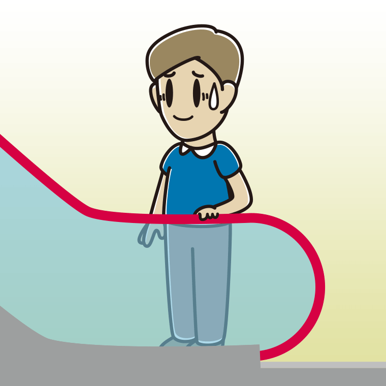 エスカレーターで苦笑いする男性のイラスト【色、背景あり】PNG