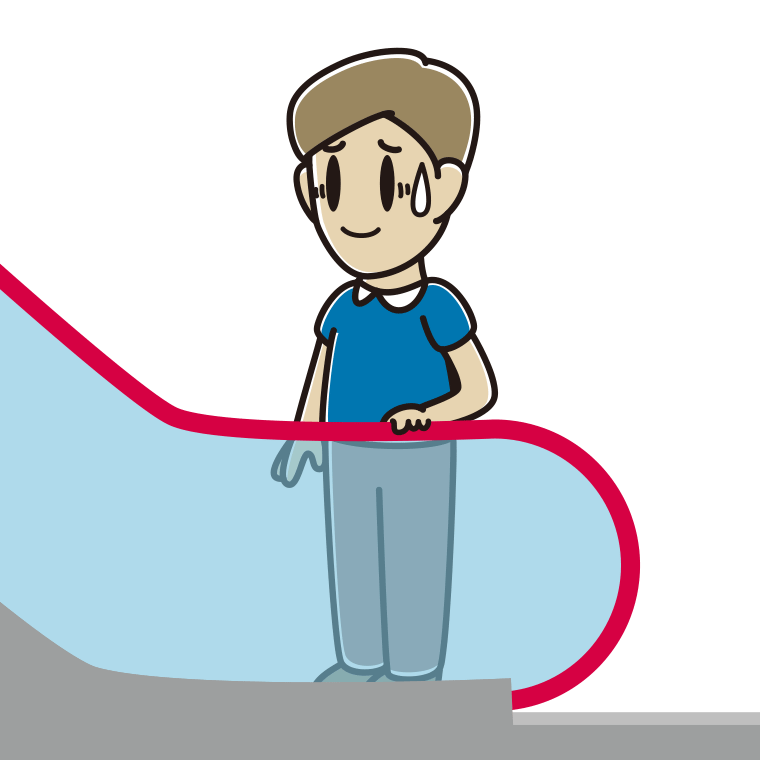 エスカレーターで苦笑いする男性のイラスト【色あり、背景なし】透過PNG