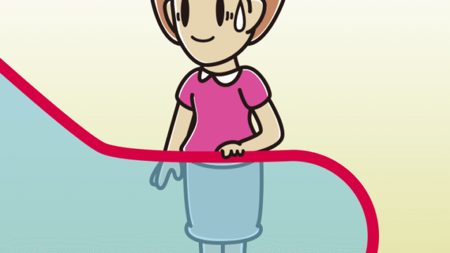 エスカレーターで苦笑いする女性のイラスト【色、背景あり】PNG