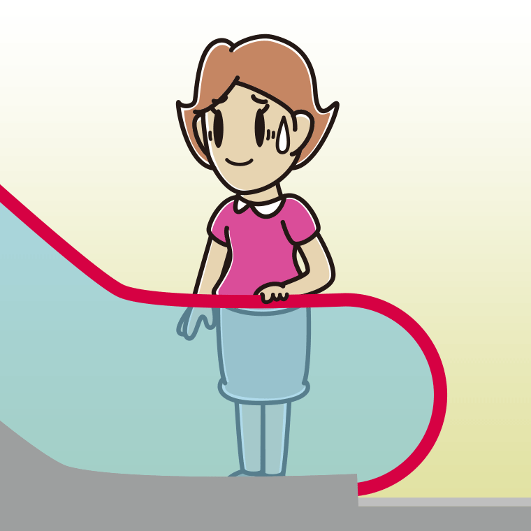 エスカレーターで苦笑いする女性のイラスト【色、背景あり】PNG
