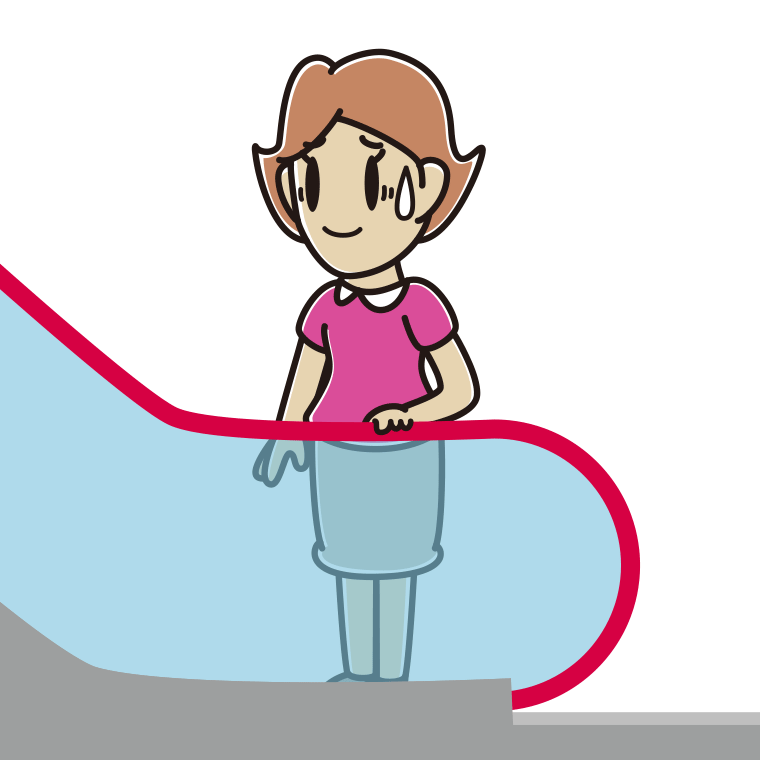エスカレーターで苦笑いする女性のイラスト【色あり、背景なし】透過PNG