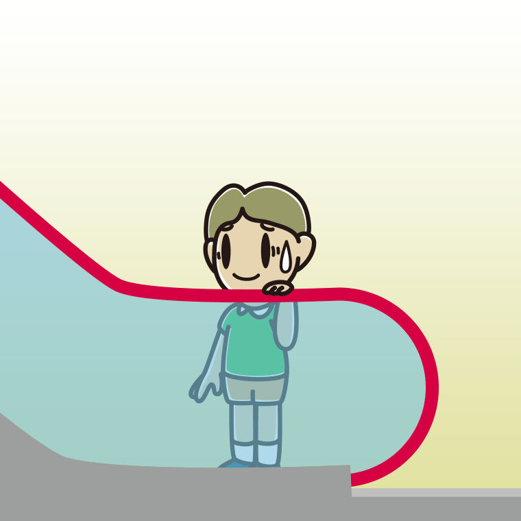 エスカレーターで苦笑いする小学生男子のイラスト【色、背景あり】PNG