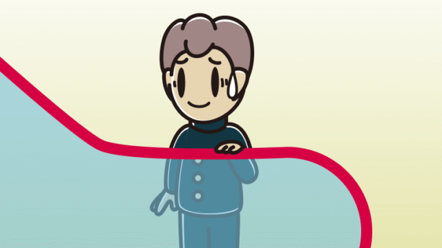 エスカレーターで苦笑いする男子中学生のイラスト【色、背景あり】PNG