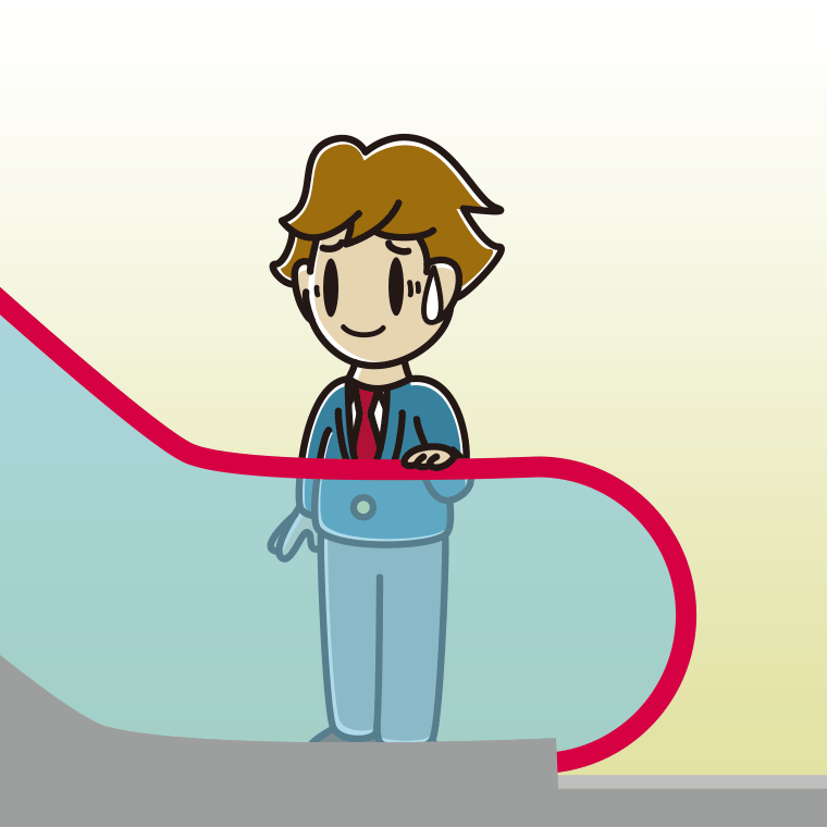 エスカレーターで苦笑いする男子高校生のイラスト【色、背景あり】PNG