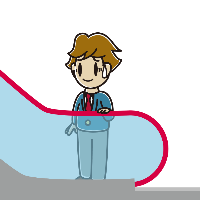 エスカレーターで苦笑いする男子高校生のイラスト【色あり、背景なし】透過PNG