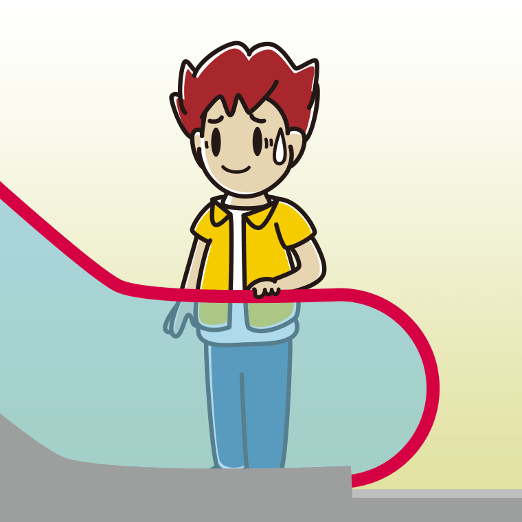 エスカレーターで苦笑いする男子大学生のイラスト【色、背景あり】PNG