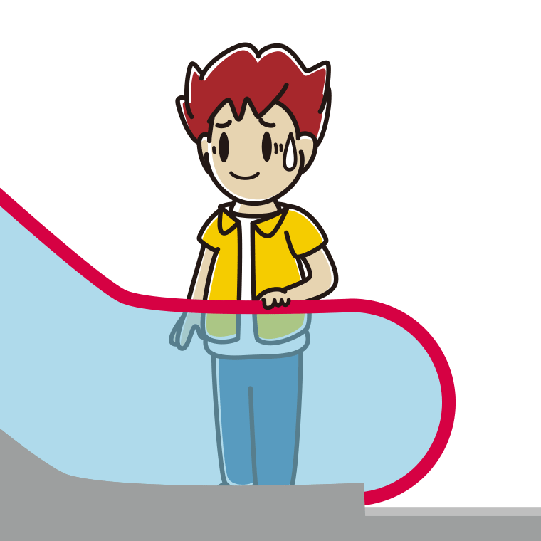 エスカレーターで苦笑いする男子大学生のイラスト【色あり、背景なし】透過PNG