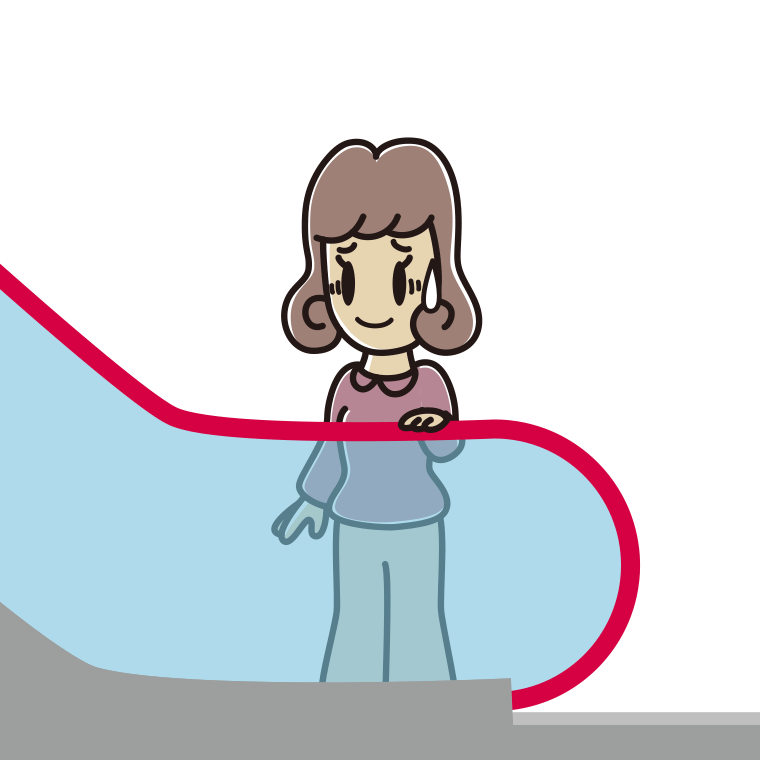 エスカレーターで苦笑いする女子大学生のイラスト【色あり、背景なし】透過PNG