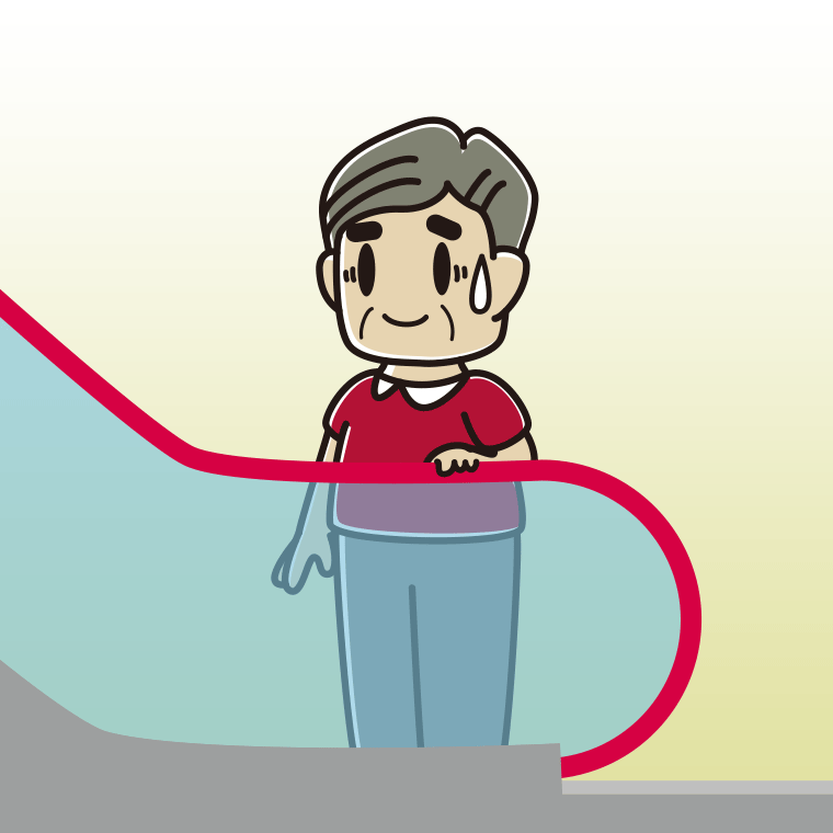 エスカレーターで苦笑いするおじさんのイラスト【色、背景あり】PNG