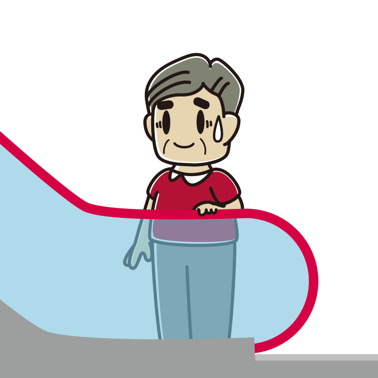 エスカレーターで苦笑いするおじさんのイラスト【色あり、背景なし】透過PNG