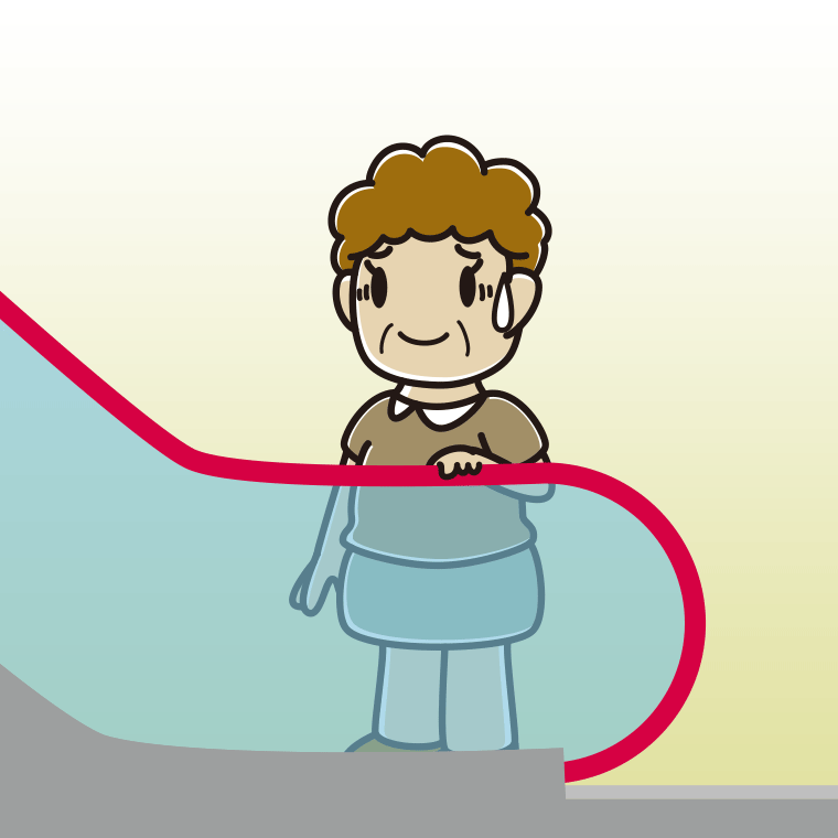 エスカレーターで苦笑いするおばさんのイラスト【色、背景あり】PNG