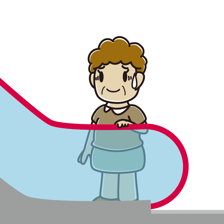 エスカレーターで苦笑いするおばさんのイラスト【色あり、背景なし】透過PNG