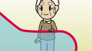 エスカレーターで苦笑いするおじいさんのイラスト【色、背景あり】PNG