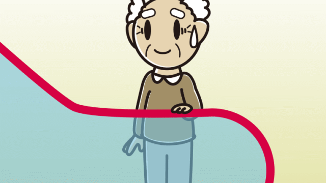 エスカレーターで苦笑いするおじいさんのイラスト【色、背景あり】PNG