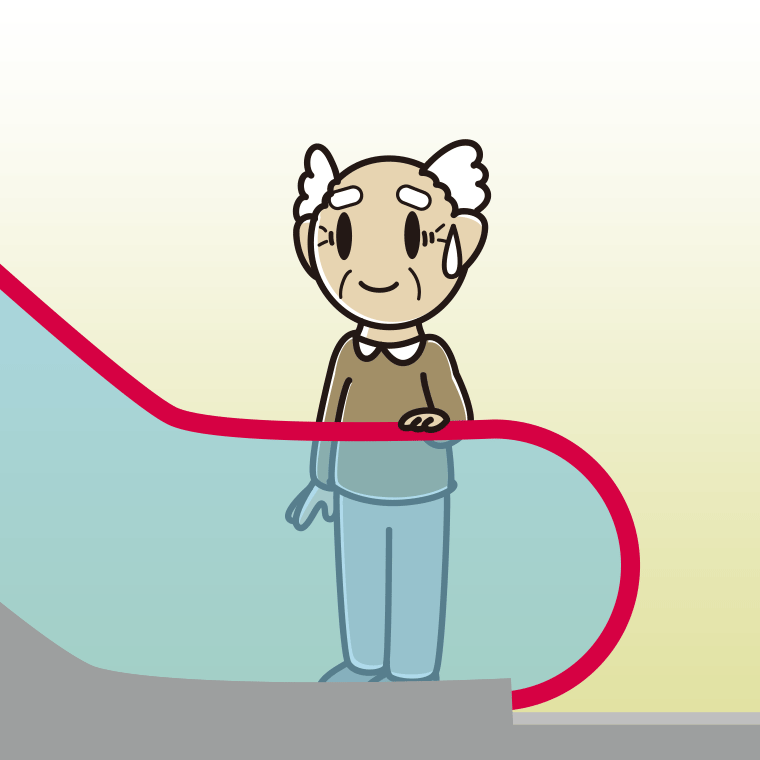 エスカレーターで苦笑いするおじいさんのイラスト【色、背景あり】PNG