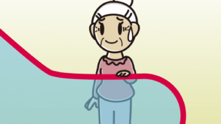 エスカレーターで苦笑いするおばあさんのイラスト【色、背景あり】PNG