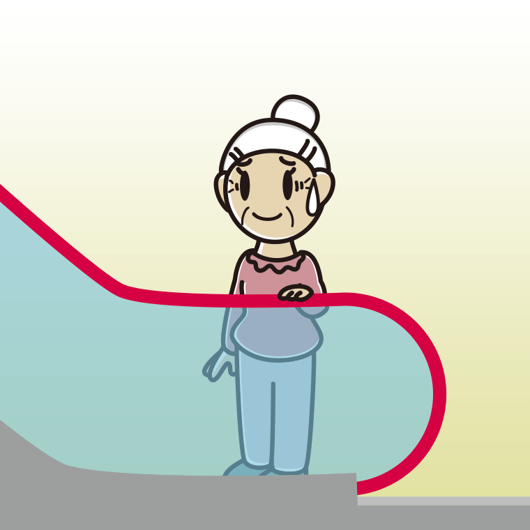 エスカレーターで苦笑いするおばあさんのイラスト【色、背景あり】PNG