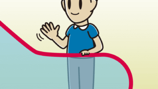 エスカレーターで手を振る男性のイラスト【色、背景あり】PNG