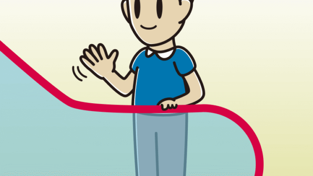 エスカレーターで手を振る男性のイラスト【色、背景あり】PNG