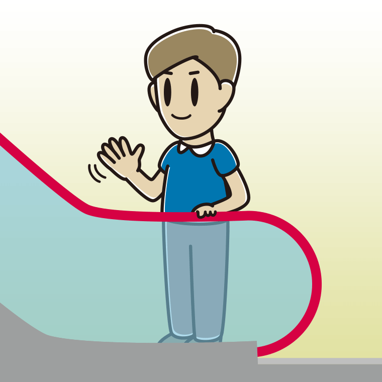エスカレーターで手を振る男性のイラスト【色、背景あり】PNG