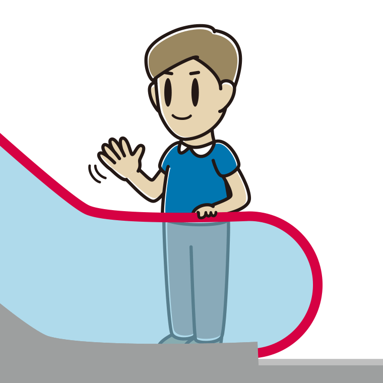 エスカレーターで手を振る男性のイラスト【色あり、背景なし】透過PNG