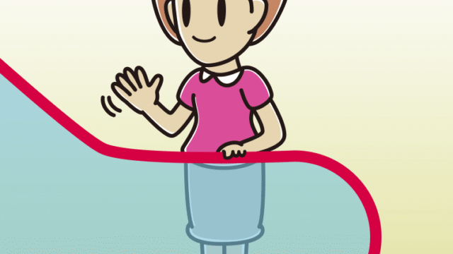 エスカレーターで手を振る女性のイラスト【色、背景あり】PNG