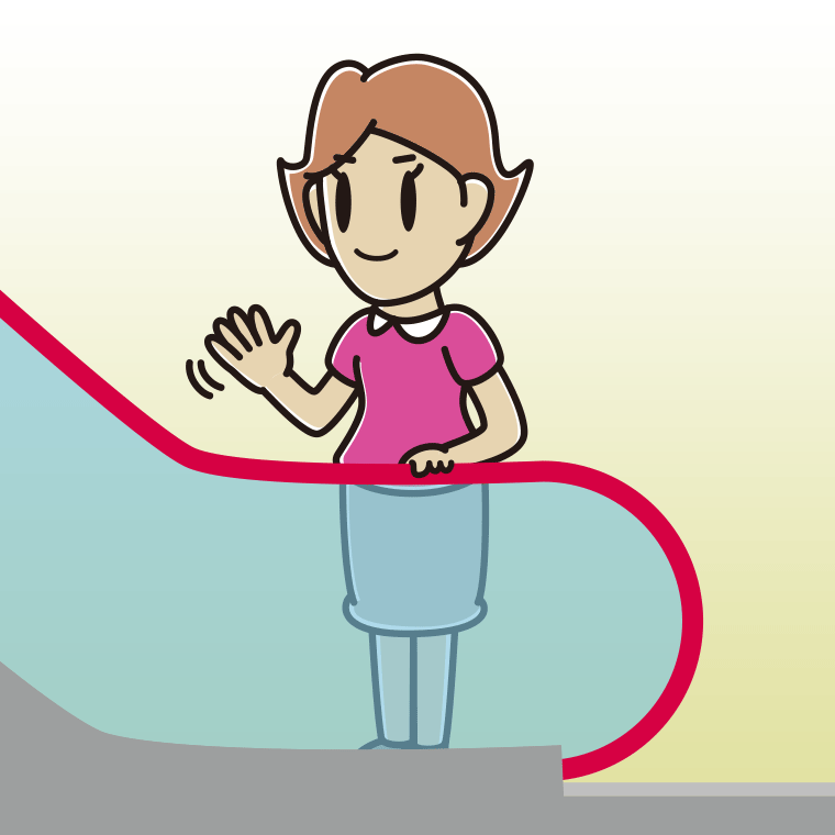 エスカレーターで手を振る女性のイラスト【色、背景あり】PNG