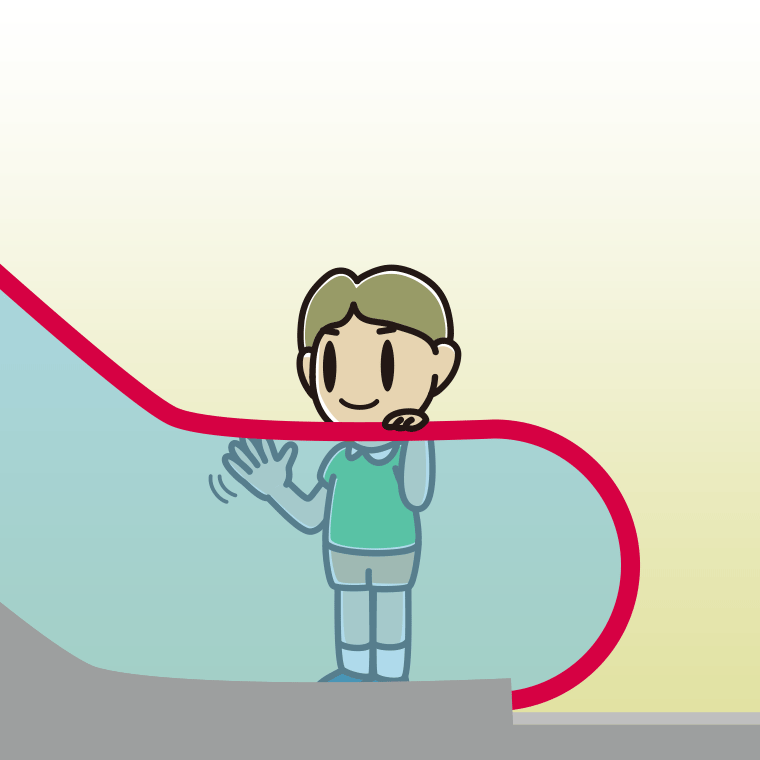エスカレーターで手を振る小学生男子のイラスト【色、背景あり】PNG