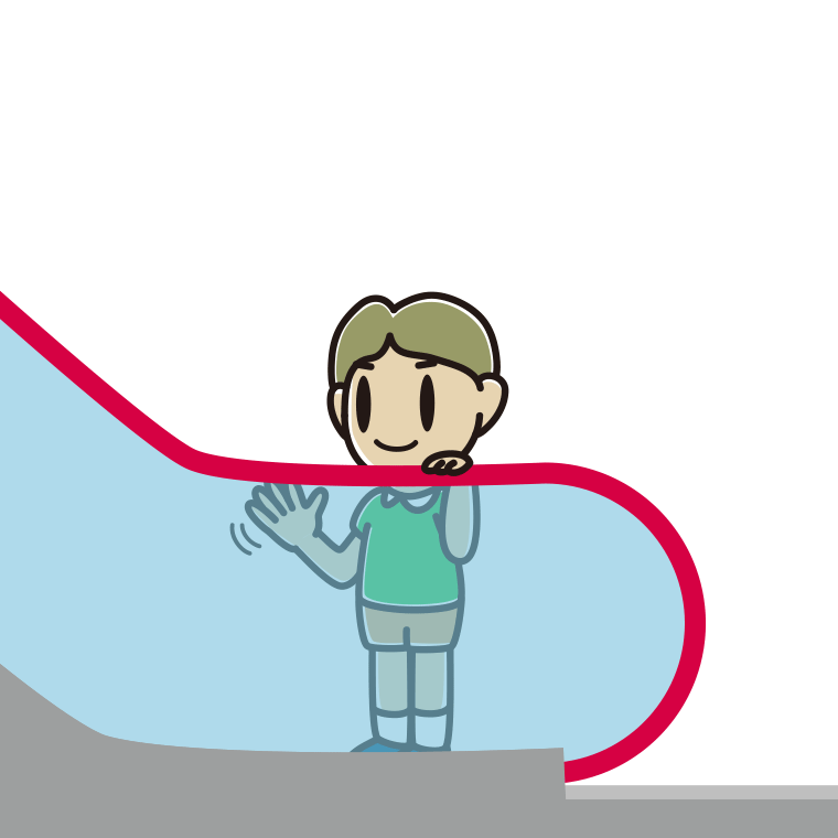 エスカレーターで手を振る小学生男子のイラスト【色あり、背景なし】透過PNG