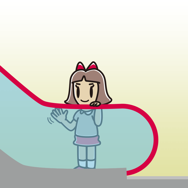 エスカレーターで手を振る小学生女子のイラスト【色、背景あり】PNG