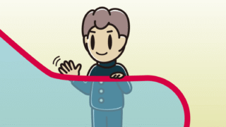 エスカレーターで手を振る男子中学生のイラスト【色、背景あり】PNG