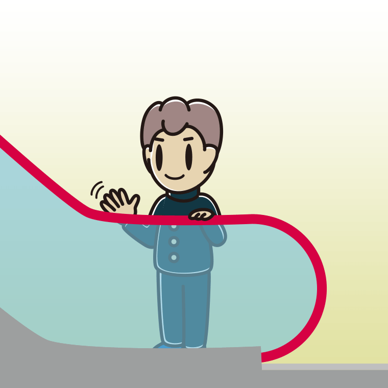 エスカレーターで手を振る男子中学生のイラスト【色、背景あり】PNG