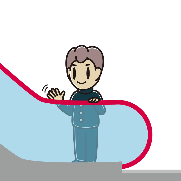 エスカレーターで手を振る男子中学生のイラスト【色あり、背景なし】透過PNG