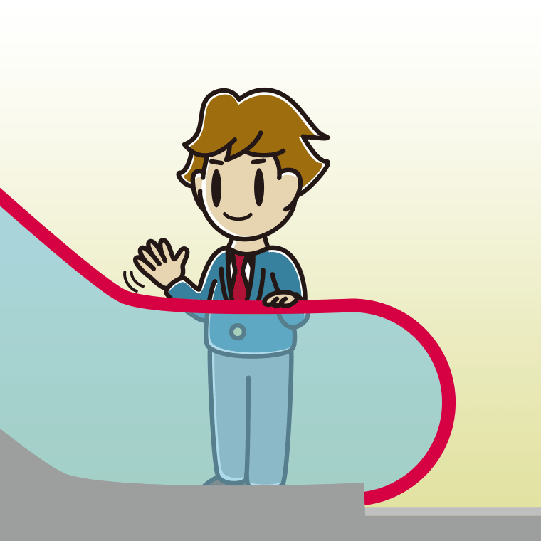エスカレーターで手を振る男子高校生のイラスト【色、背景あり】PNG