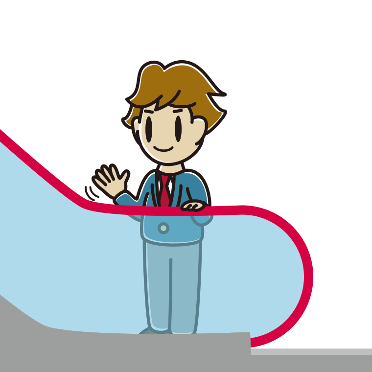 エスカレーターで手を振る男子高校生のイラスト【色あり、背景なし】透過PNG