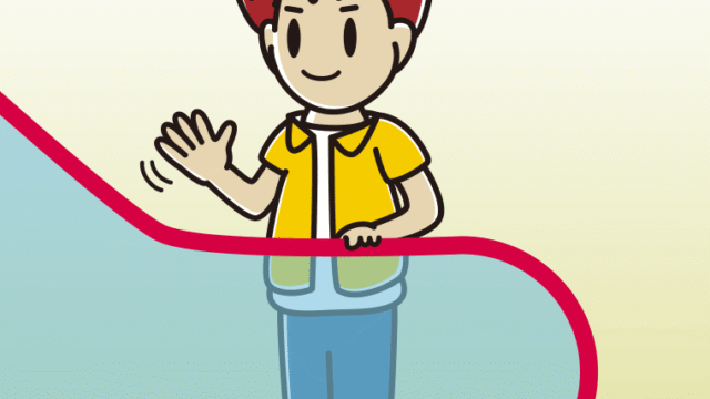 エスカレーターで手を振る男子大学生のイラスト【色、背景あり】PNG