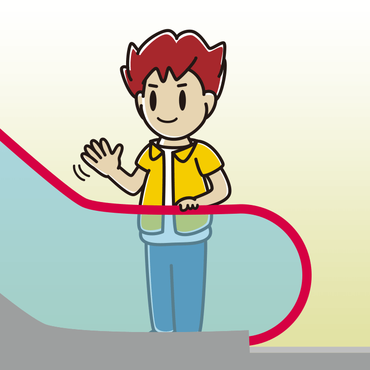 エスカレーターで手を振る男子大学生のイラスト【色、背景あり】PNG