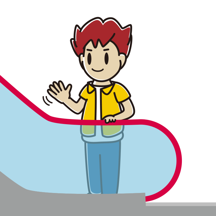 エスカレーターで手を振る男子大学生のイラスト【色あり、背景なし】透過PNG