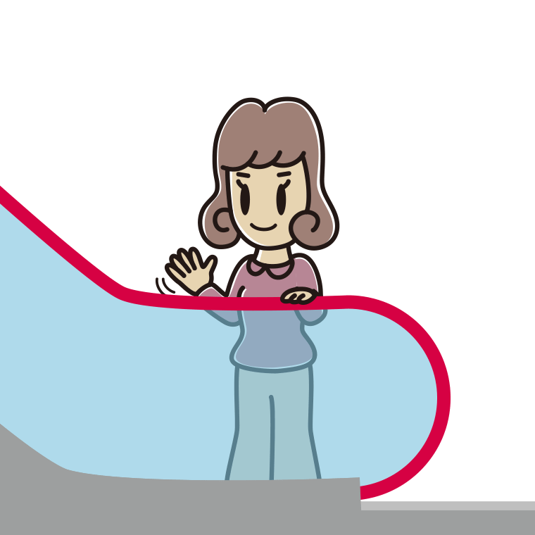 エスカレーターで手を振る女子大学生のイラスト【色あり、背景なし】透過PNG