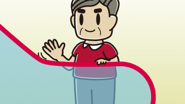 エスカレーターで手を振るおじさんのイラスト【色、背景あり】PNG