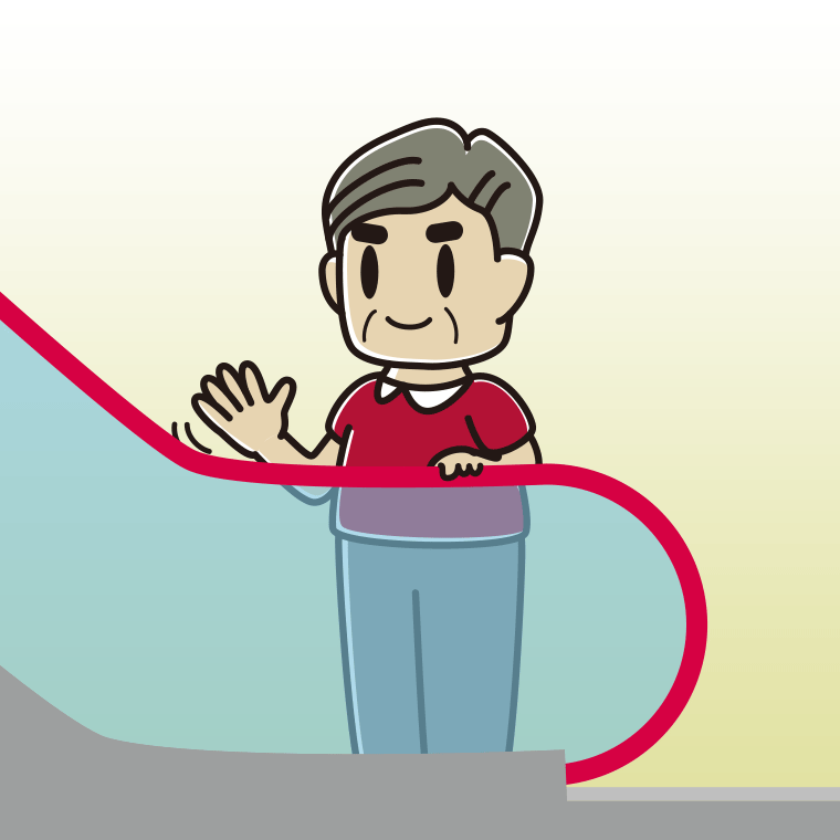 エスカレーターで手を振るおじさんのイラスト【色、背景あり】PNG