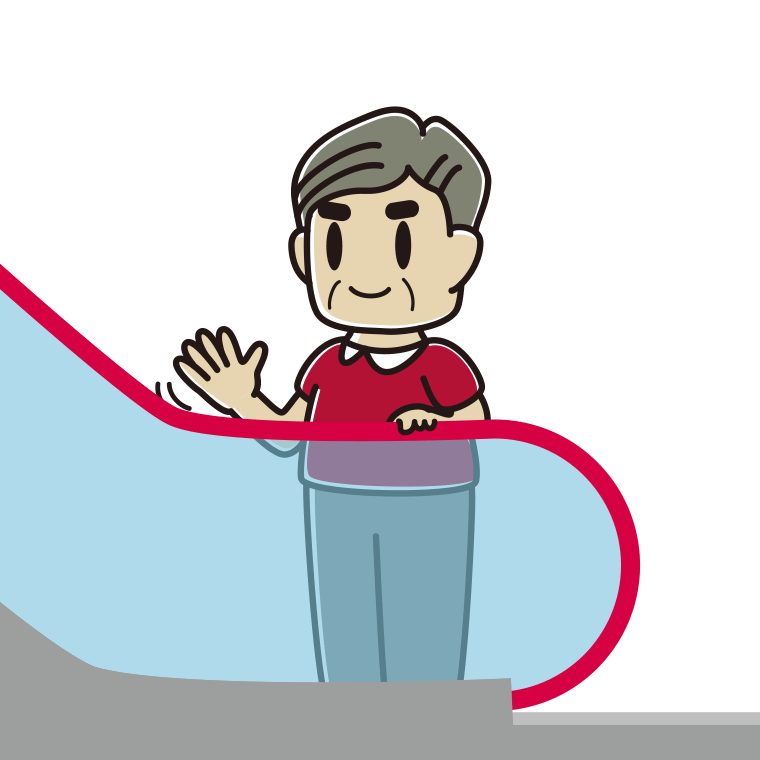 エスカレーターで手を振るおじさんのイラスト【色あり、背景なし】透過PNG