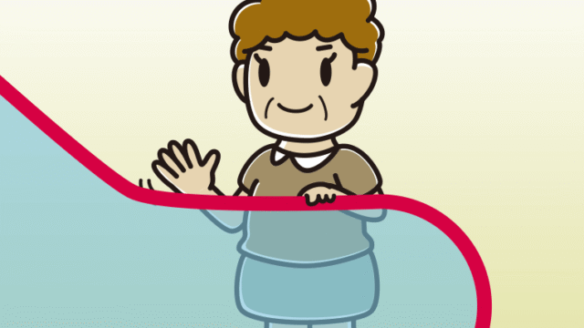 エスカレーターで手を振るおばさんのイラスト【色、背景あり】PNG