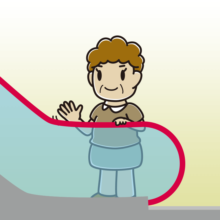 エスカレーターで手を振るおばさんのイラスト【色、背景あり】PNG